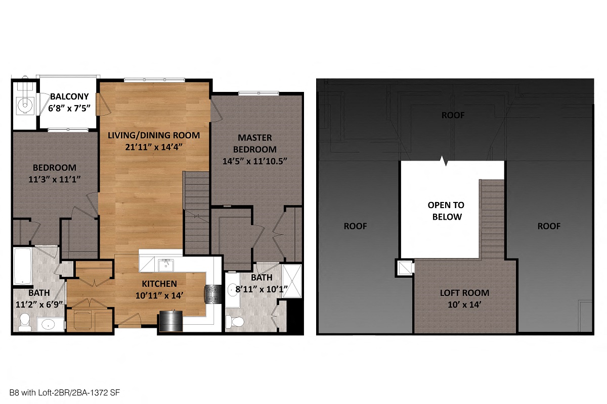 Floor plan for 2 beds, 2 baths, 1372 sqft